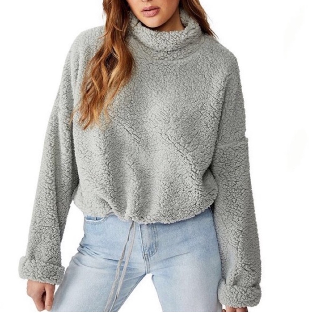 Cotton On Gray Sherpa Pullover Sweater Top Women’s Size XS Fleece Fuzzy Comfy